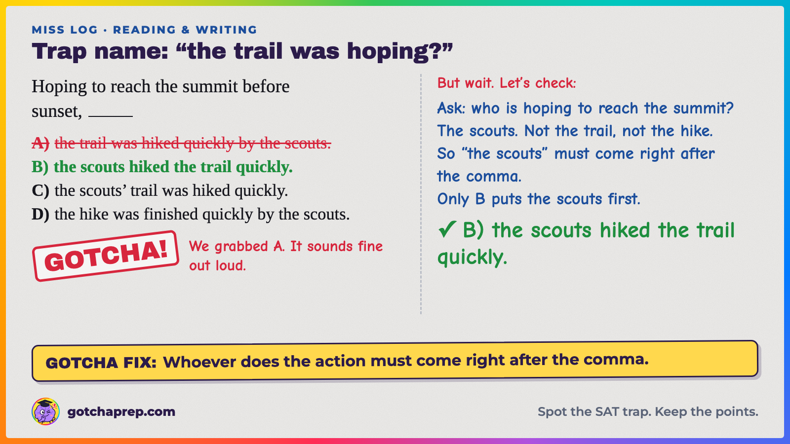 Miss-log example: "Hoping to reach the summit before sunset, ___" Trap: A, "the trail was hiked quickly by the scouts." Answer: B, "the scouts hiked the trail quickly."