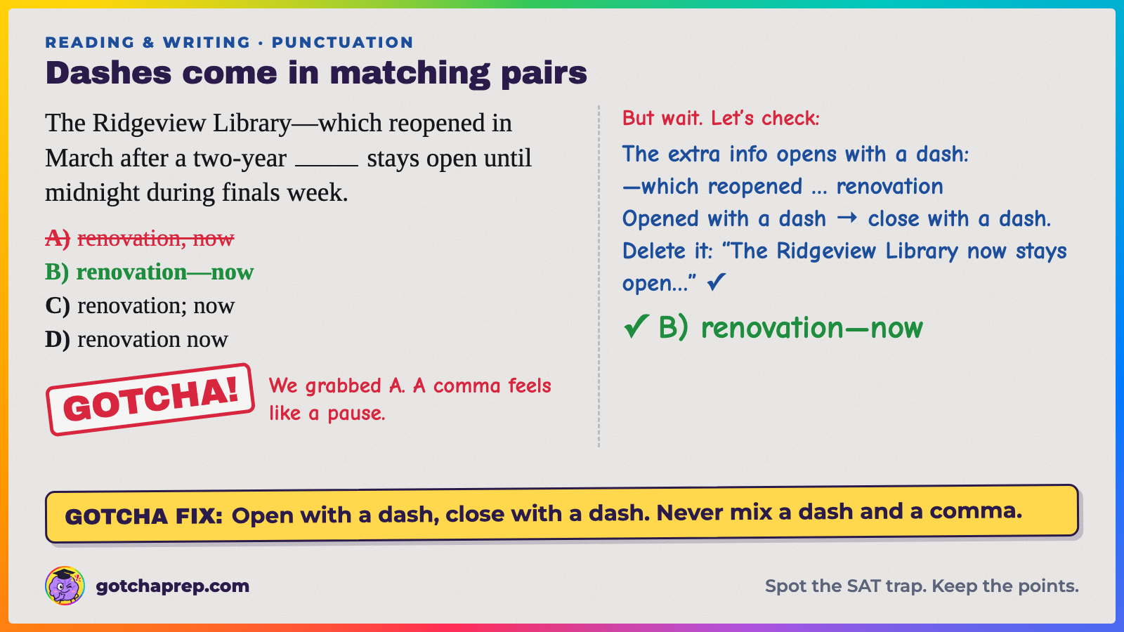 Worked example: "The Ridgeview Library—which reopened in March after a two-year ___ stays open until midnight." Trap: A, "renovation, now." Answer: B, "renovation—now," because a dash pair must match.